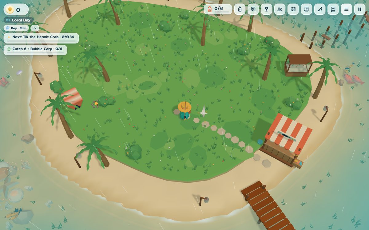 An angler in a straw hat on Coral Bay, a green island with palm trees, a kiosk and a wooden pier