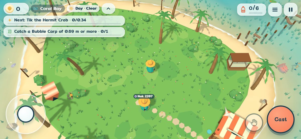 The game on a phone held sideways: two anglers on Coral Bay, a joystick on the left and a big Cast button on the right